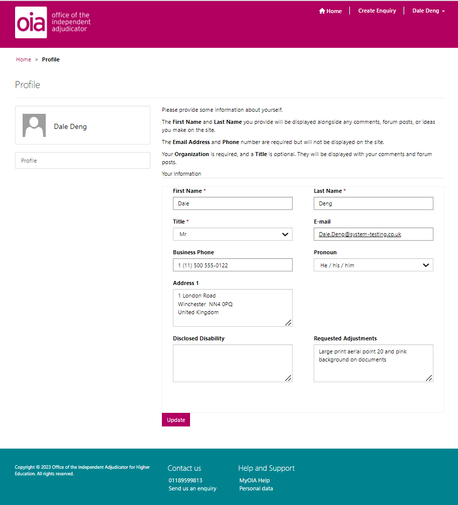 Screenshot of the contact details page for a student