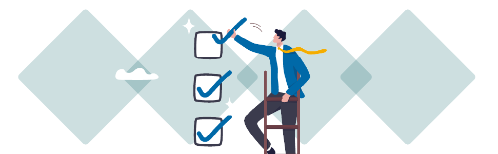 AR24 Image Ladder Illustration of a businessman on a ladder checking off items on a large checklist.