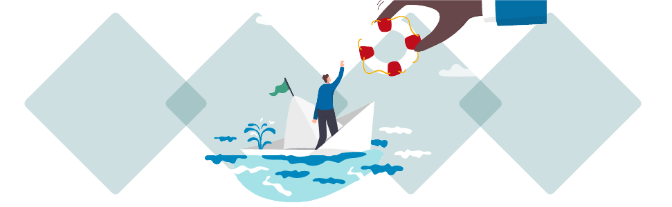 AR24 Image Lifesaver Illustration of a person in a sinking paper boat reaching for a life preserver offered by a large hand.