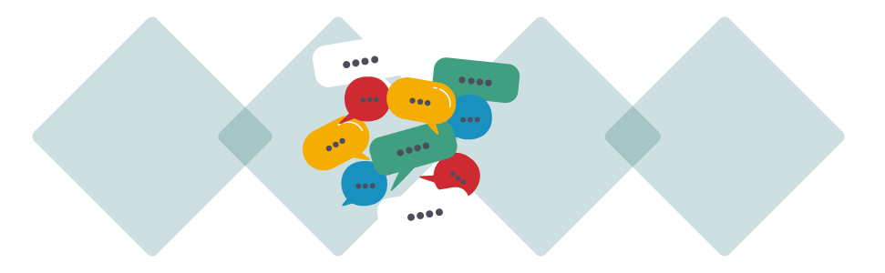AR24 Image Speech Bubbles Illustration of a cluster of colourful speech bubbles with ellipsis inside.