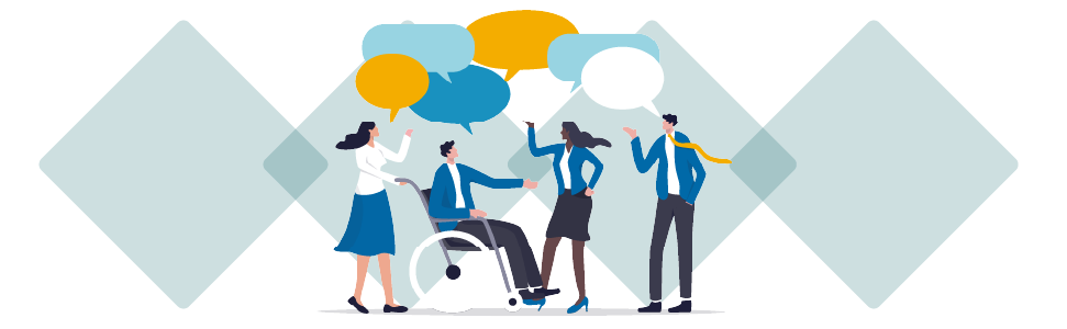 AR24 Image Discussion Illustration of four businesspeople having a discussion with speech bubbles above them.