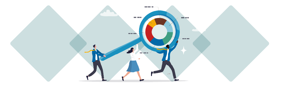 AR24 Image Magnifying Glass Illustration of three businesspeople carrying a giant magnifying glass that is focused on a colourful pie chart.